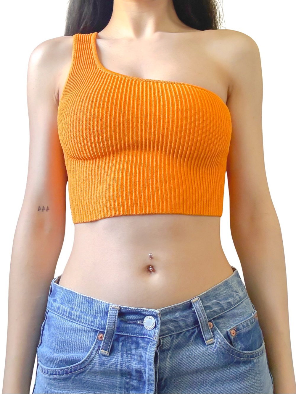 BABATON Sculpt Knit One-Shoulder Ribbed Crop Top Orange Size XXS GUC